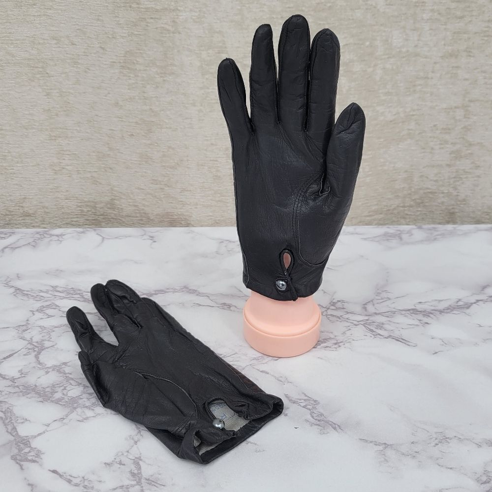 Fownes Vintage Black Leather Goat Kid Skin Short Driving Gloves Silk Lining